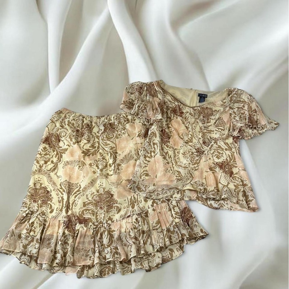 Eva Blue brown tan graphic flowy ruffle babydoll top and skirt set y2k fairy